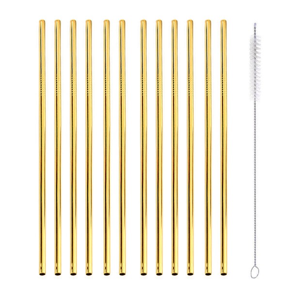 gold 12 straight reusable metal straws