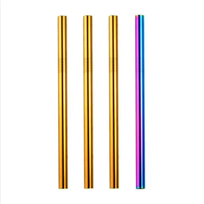 Gilded Flora | 3 Gold, Rainbow 10mm Stainless Steel Smoothie Straws 4-Pack + Brush | StainlessSteelStraws.com.au